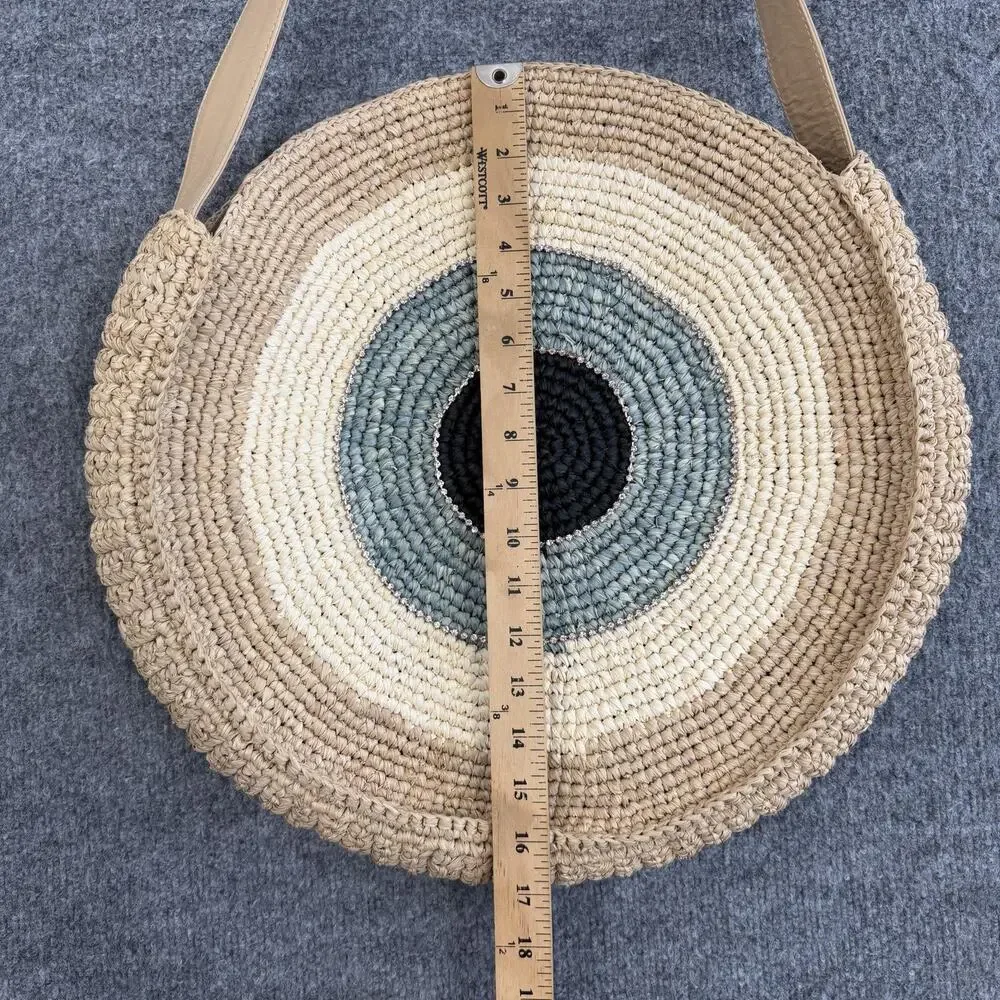 Skemo Round Straw Shoulder Bag Large Beige Evil Eye Rhinestone Boho Beach